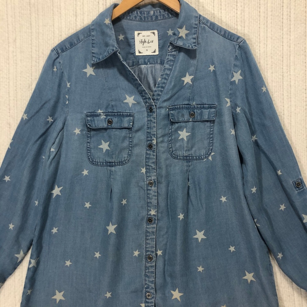 Style & Co Star Print Denim Shirt Button Down Top Casual Blouse Size S‎